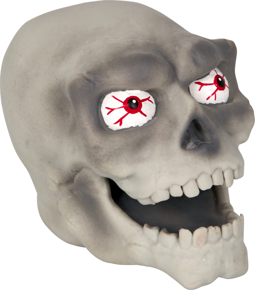 Ein grauer Totenkopf mit hervortretenden Augäpfeln und roten Adern, den Mund zu einem Grinsen geöffnet.