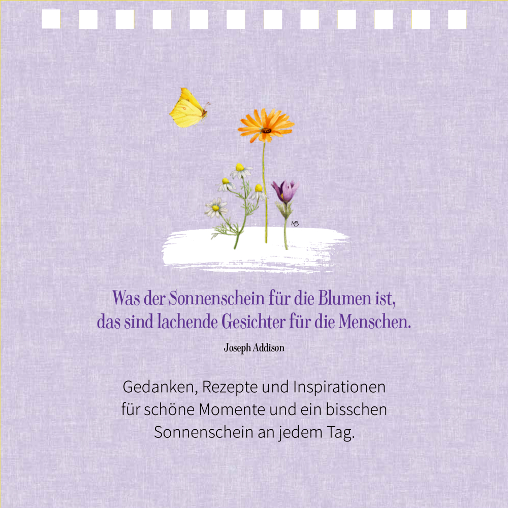 Illustration von Blumen, Schmetterling und Zitat über Sonnenschein und Lächeln auf eier lilanen Seite.
