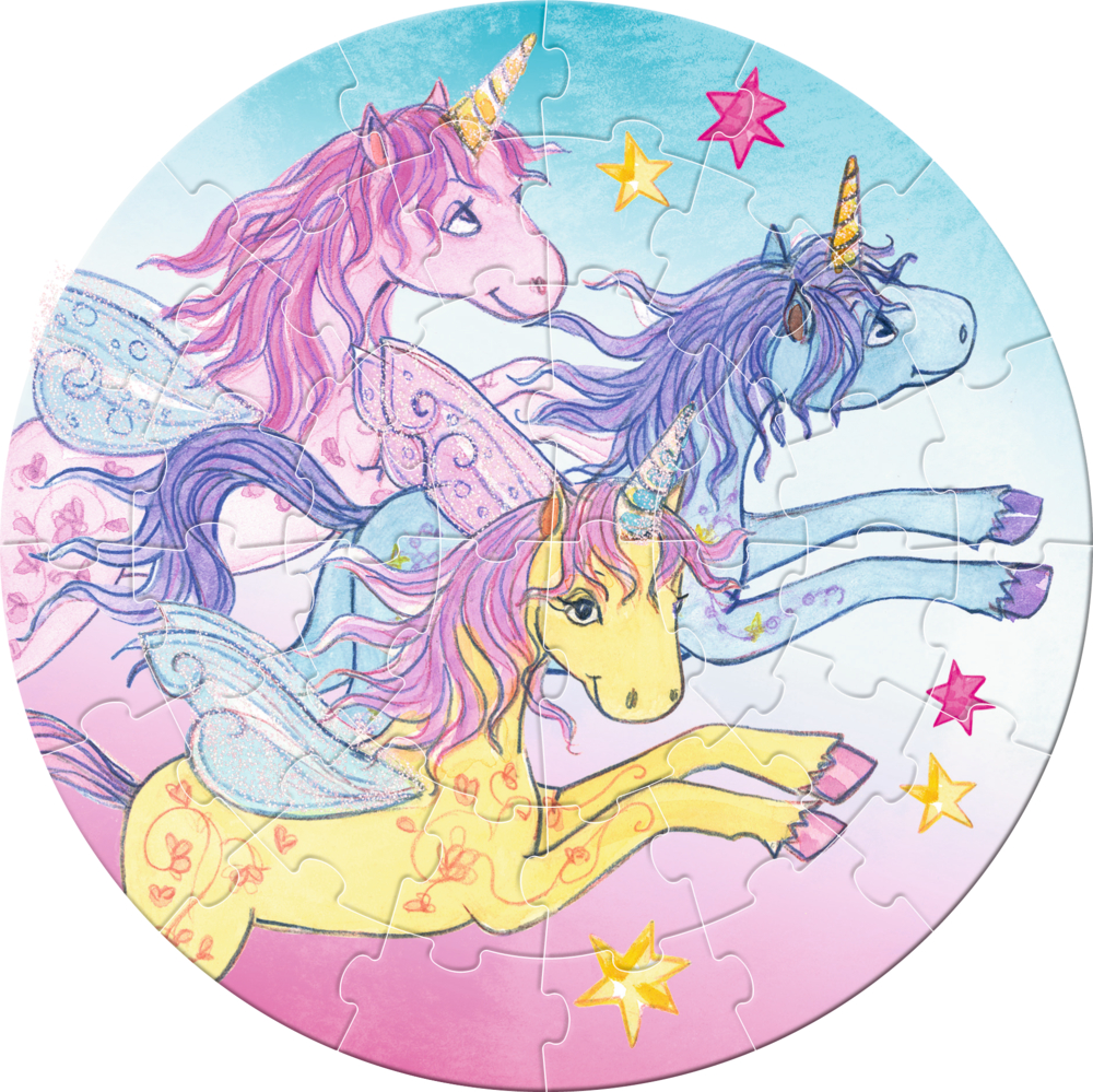 Drei geflügelte Einhörner fliegen auf einem runden, pastellfarbenen Puzzle zwischen Sternen.