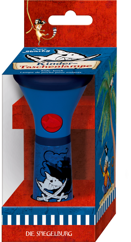 "Blaue Kindertaschenlampe mit Piraten-Design in einer rot-blauen Pappschachtel mit Sichtbereich. "