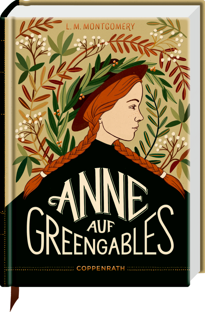 Kleine Schmuckausgabe: L.M. Montgomery, Anne auf Green Gables Illustriertes Buchcover von „Anne auf Green Gables“ mit einem Mädchen mit Zöpfen und Hut, umgeben von Blättern.