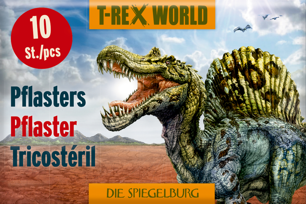 Pflasterstrips T-Rex World (10 St.) Rechteckige Karte mit brüllendem Dinosaurier auf felsigem Boden. Dazu die Aufschrift "10 Stück".