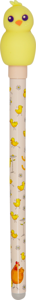 Stift mit gelbem Kükenaufsatz, Schaft mit kleinen Kükenabbildungen und Blumen verziert.