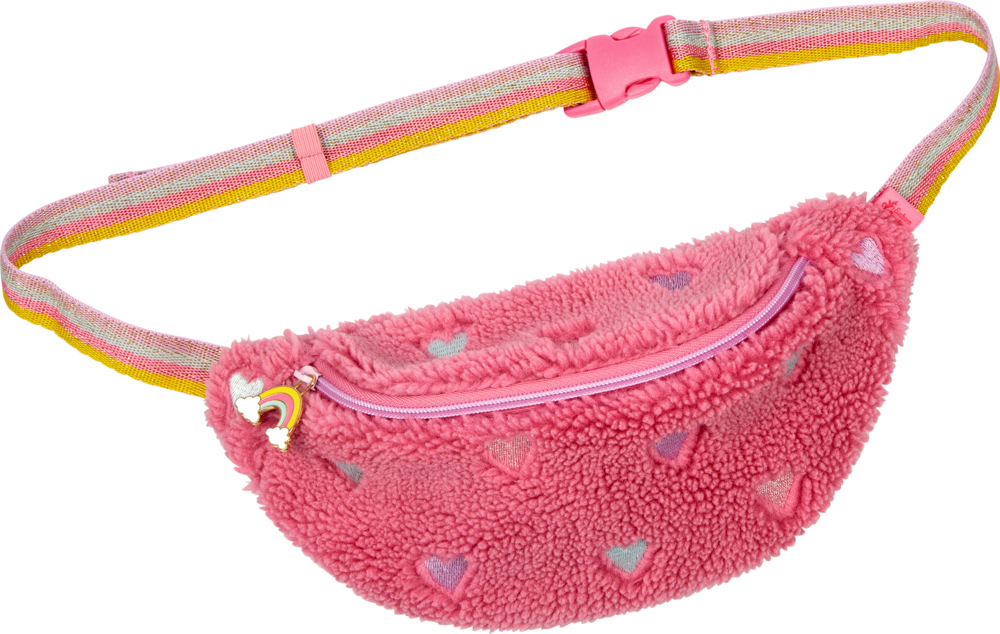 Hip Bag - Einhorn-Paradies (in Teddyoptik) Rosafarbene, flauschige Gürteltasche mit pastellfarbenen Herzen, Reißverschluss und gelbem Riemen mit rosafarbener Schnalle.