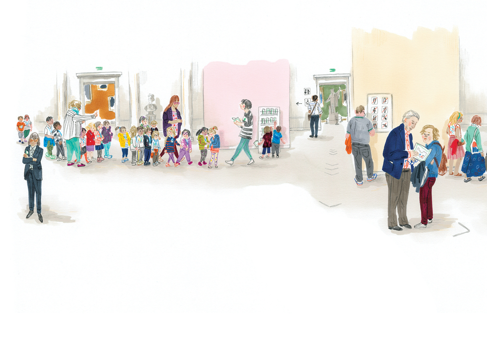 Kinder und Erwachsene füllen einen hellen Flur – einige stehen Schlange, andere unterhalten sich oder lesen Plakate.