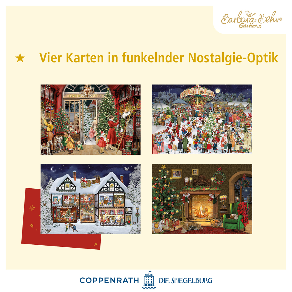 Vier weihnachtliche Klappkarten mit nostalgischen Motiven von Markt, Schaufenster, Fachwerkhaus und Wohnzimmer mit Tannenbaum.
