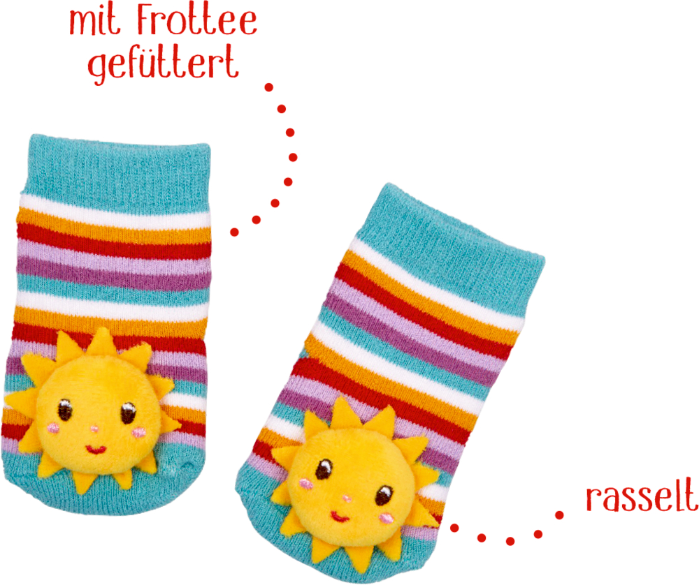 Bunt gestreifte Babysöckchen mit lachender Sonne und Text „mit Frottee gefüttert“ und „rasselt“.