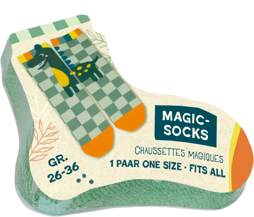 MAGIC-SOCKS: Cartoon-Dinosaurier-Socken, Grüntöne, Einheitsgröße (26-36).
