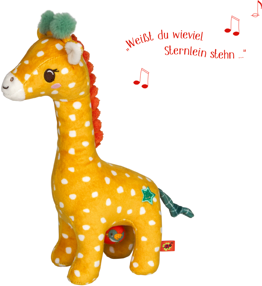 Gelbe Stoffgiraffe mit weißen Punken und orangener Mähne. Daneben Noten und ein Liedtext.