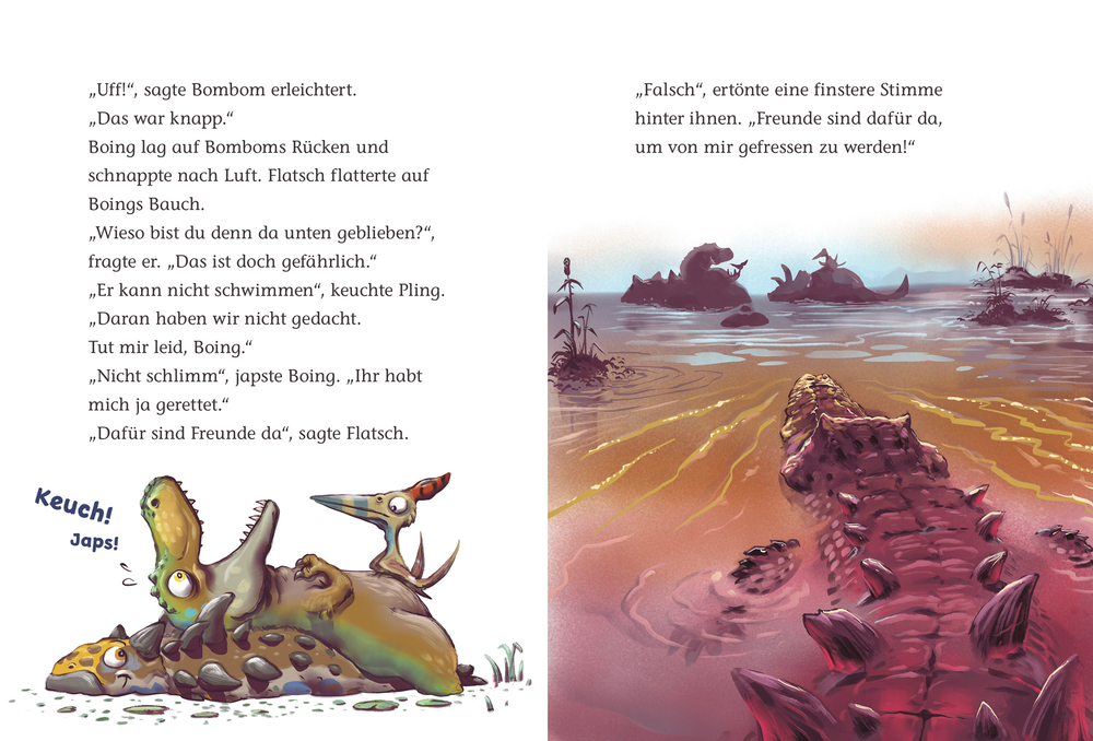 Eine Innenansicht mit  Text zeigt drei Dinosaurier die am Ufer ruhen, während ein weiteres Krokodil aus dem Wasser kommt.