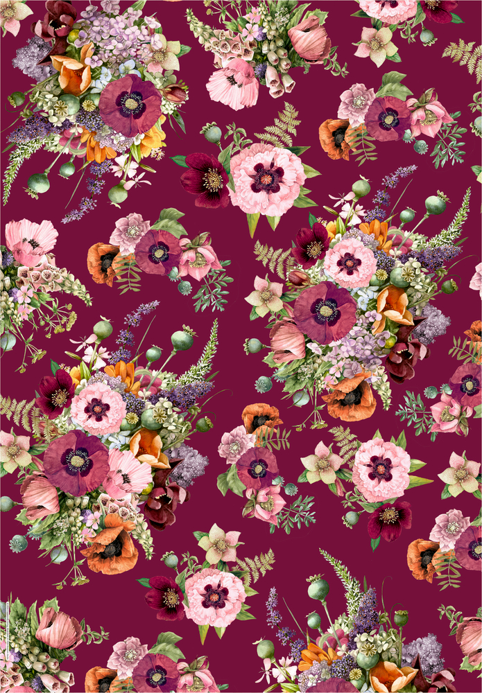 Geschenkpapierbogen mit detailreichen Blumensträußen, die ein nahtloses Muster auf einem satten weinroten Hintergrund bilden.