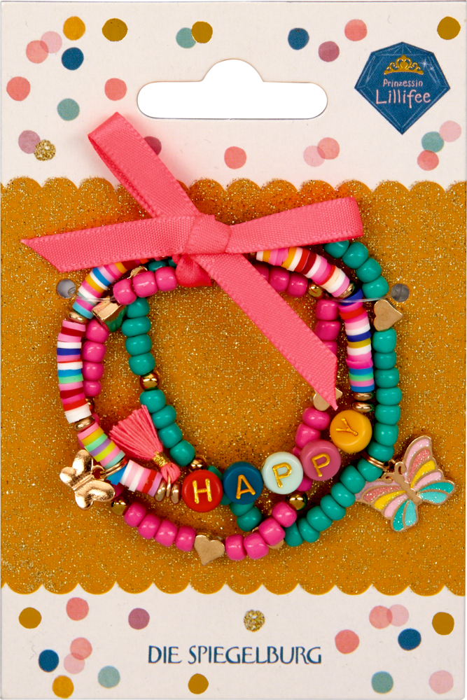 Armband-Set - Prinzessin Lillifee (Schmetterling) Bunte Perlenarmbänder mit rosa Anhängern und HAPPY-Buchstabenperlen auf einer Pappkarte.