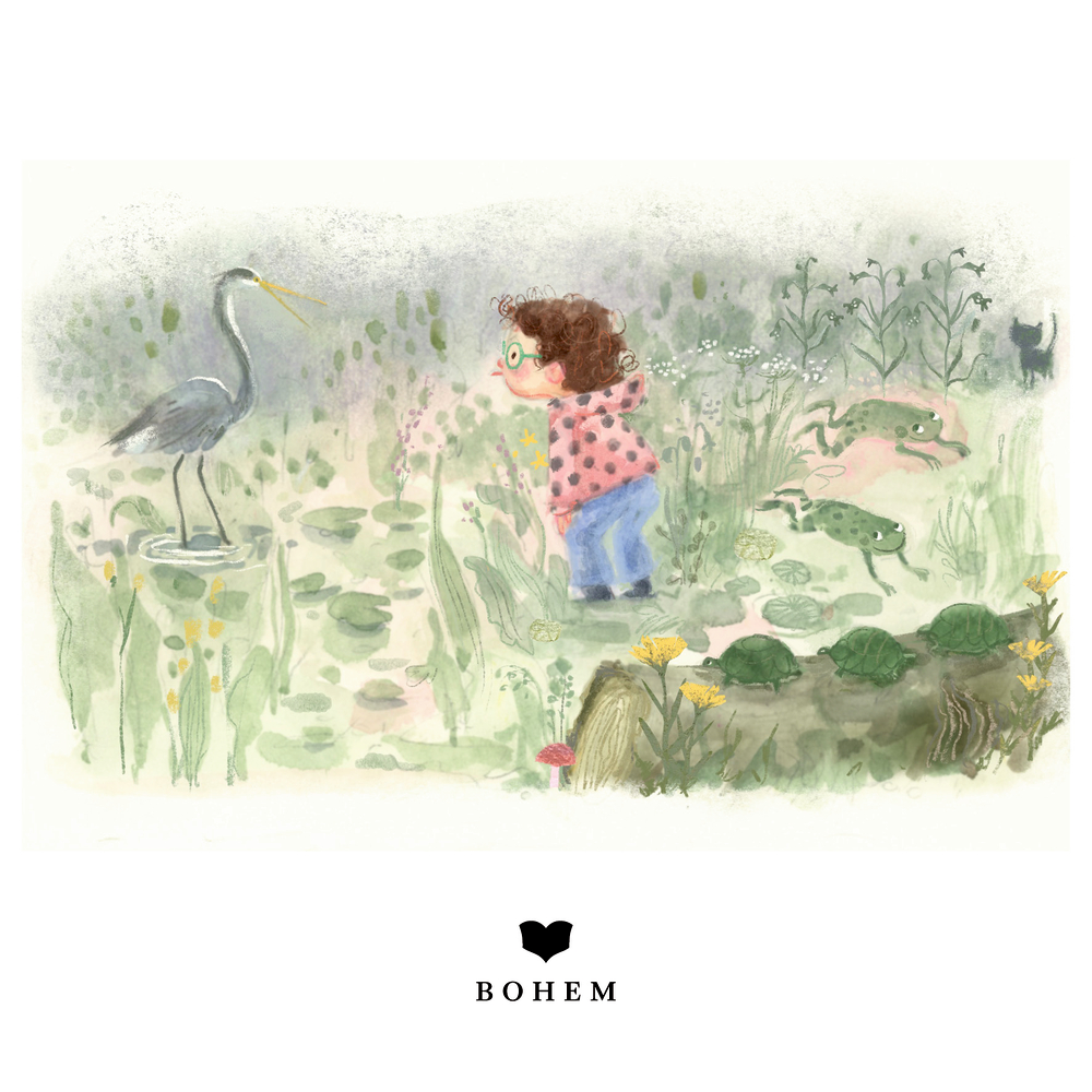 Ein Kind mit rosa Shirt steht am Teich. Ein Reiher, Frösche, Schildkröten und Pflanzen sind sichtbar.