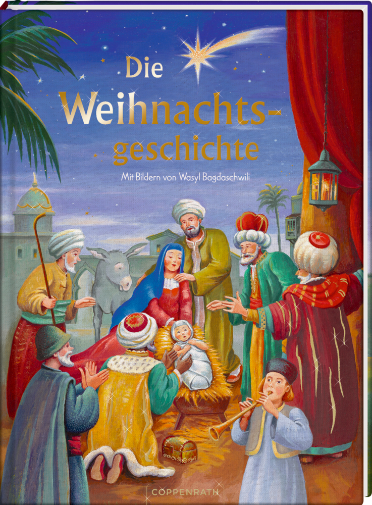 Lebendige Weihnachtskrippe mit Maria, Josef, dem Jesuskind und den Heiligen Drei Königen in farbenfrohen Illustrationen.