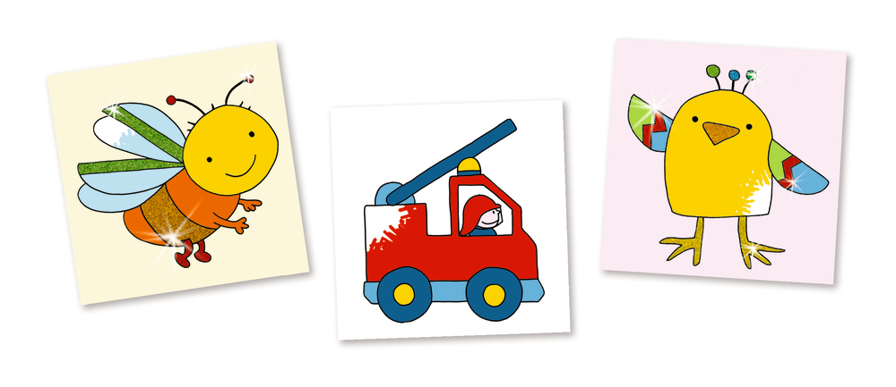 Drei lebendige Zeichnungen von einer lächelnden Biene, einem roten Feuerwehrauto und einem gelben Vogel mit gemusterten Flügeln.