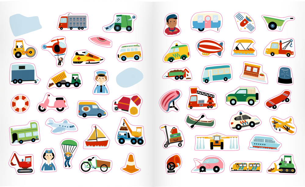 Bunte Aufkleber von Fahrzeugen, Menschen und Gegenständen liegen verstreut auf einer geöffneten Buchseite.