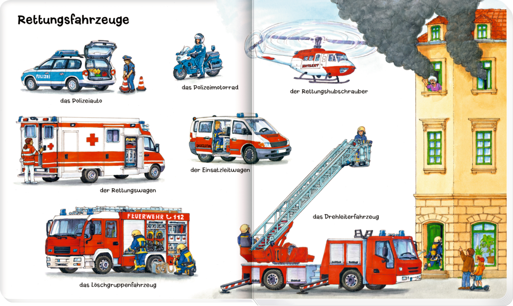 Illustrierte Polizei, Krankenwagen, Feuerwehrwagen und Hubschrauber reagieren auf ein brennendes Gebäude.