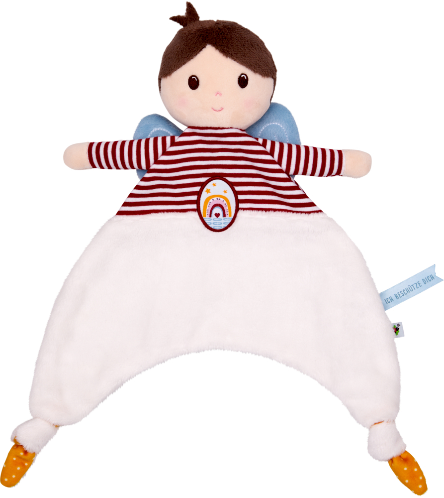 Schnuffeltuch Schutzengel - BabyGlück Stoffpuppe mit Streifenshirt, weißem Schmusetuch als Hose, blauen Flügeln, orangefarbenen Schuhen und Regenbogenaufnäher.