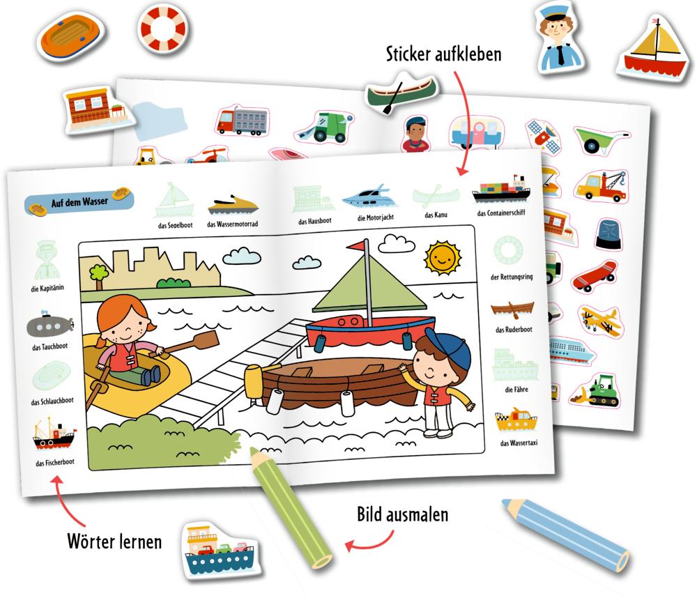 Malvorlage „Boote“ für Kinder mit Aufklebern und Wörtern für Objekte und Personen mit Wassermotiven.
