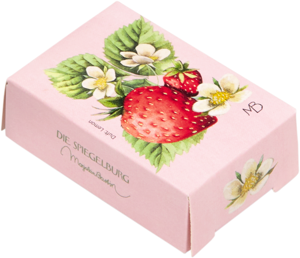 Eine rosa Box mit Erdbeere und Blumen Illustration.