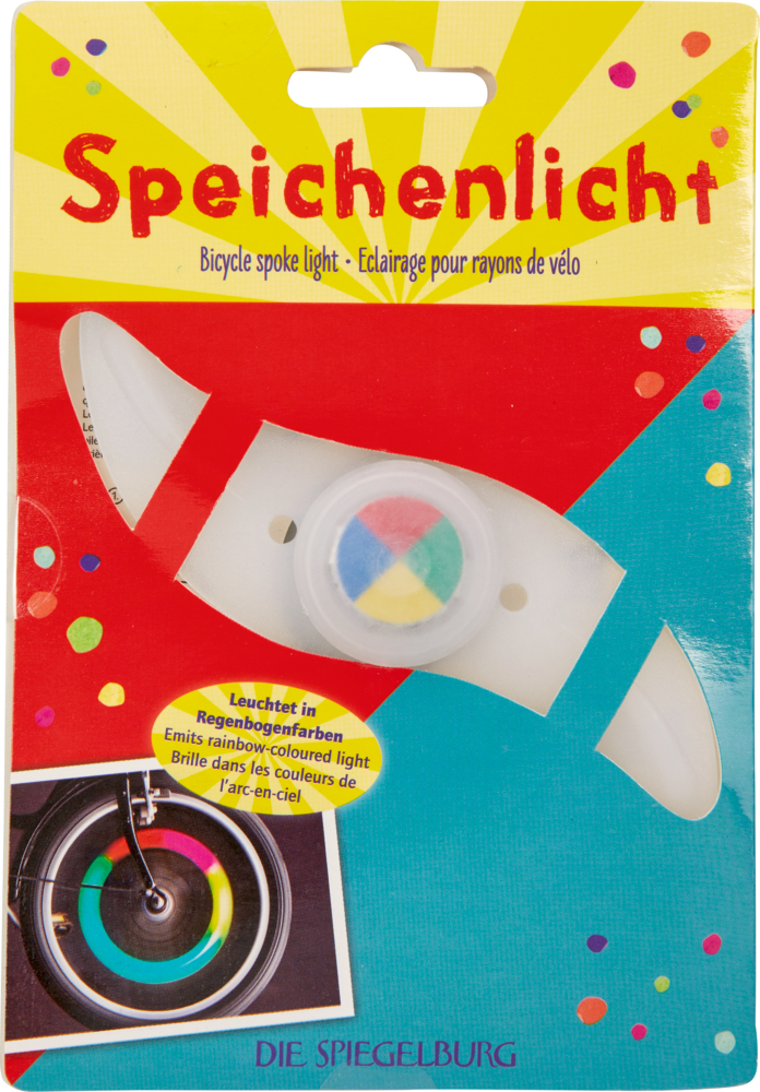 Speichenlicht - Bunte Geschenke Fahrrad-Speichenlicht in Verpackung mit Regenbogenfarben und deutscher, englischer und französischer Beschriftung.