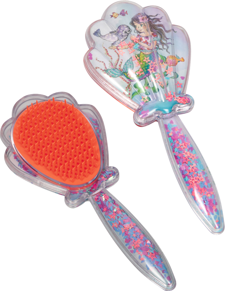 Zwei Muschel-Haarbürsten mit orangefarbenen Borsten und Meerjungfrau-Motiv, Rückseite mit Glitzereffekt.