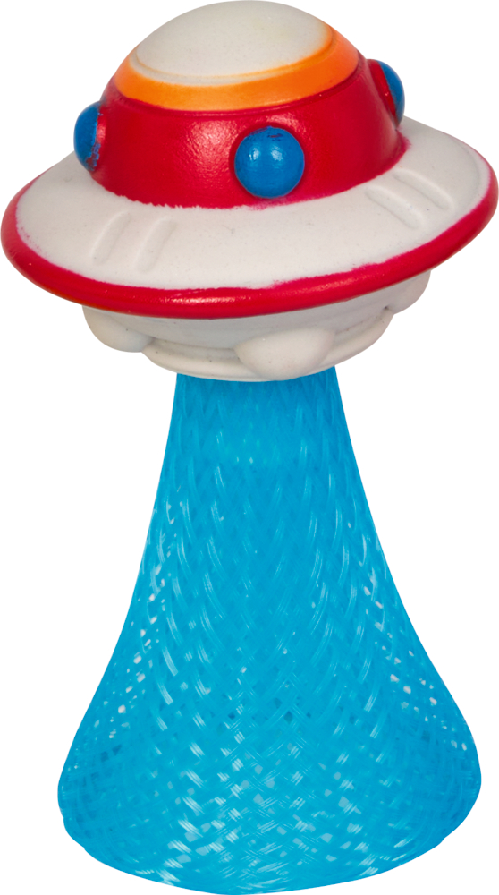Spielzeug-UFO mit roter Spitze, blauen Punkten und einer blauen strukturierten Kegelbasis.