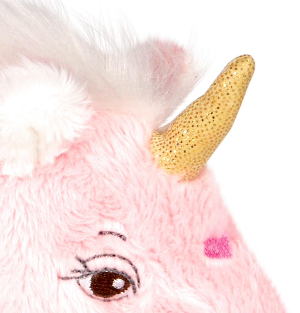 Nahaufnahme eines plüschigen rosa Einhorns mit einem goldenen Glitzerhorn und einer flauschigen weißen Mähne.