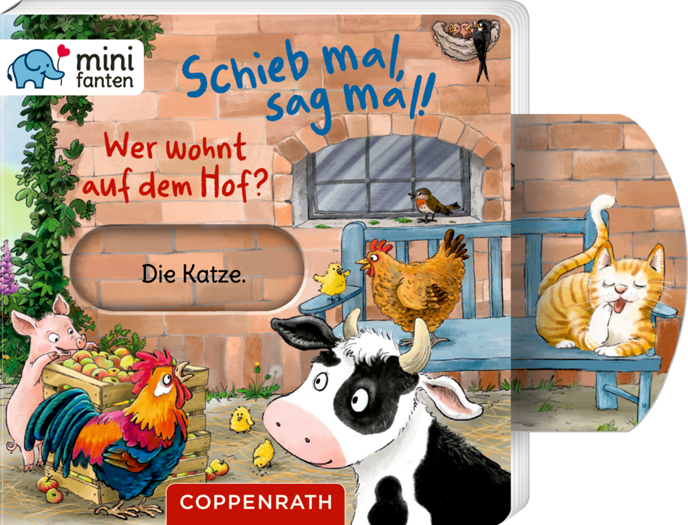 Buchcover zeigt Kuh, Hahn, Katze und Hühner im Bauernhof. Äpfel liegen in einer Kiste. Text ist zu sehen.
