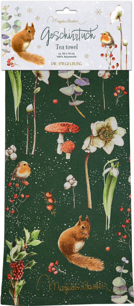 Zusammengefaltetes, dunkelgrünes Geschirrtuch mit illustrierten Mustern von Eichhörnchen, Pilzen, Blumen, Beeren und Vögeln.
