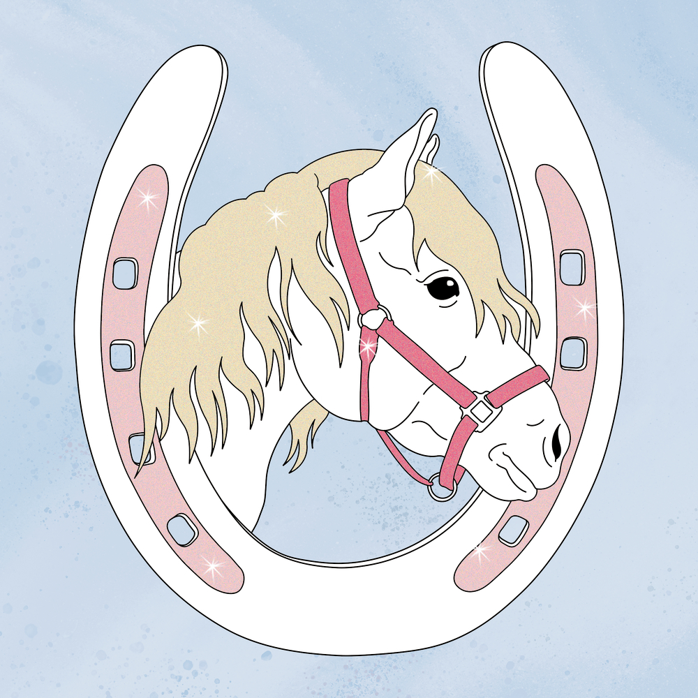 Ausmalseite mit weißem Pferd in einem Hufeisen auf hellblauem Hintergrund.