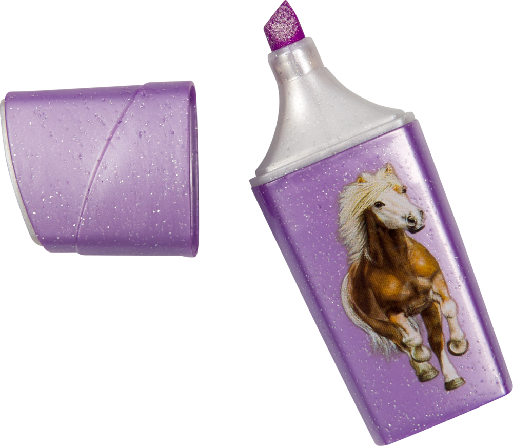 Lila Glitzerstift ohne Kappe, auf der Seite ist ein laufendes Pferd abgebildet.