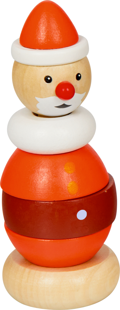 Holz-Stapelspielzeug in Form eines rot-weiß-braunen Weihnachtsmanns.