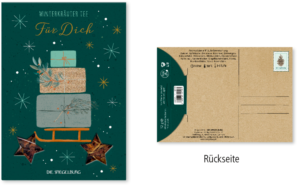 Dunkelgrüner Umschlag mit Geschenken auf Schlitten und weihnachtlichen Verzierungen. Rückseite für Adresse und Briefmarke.