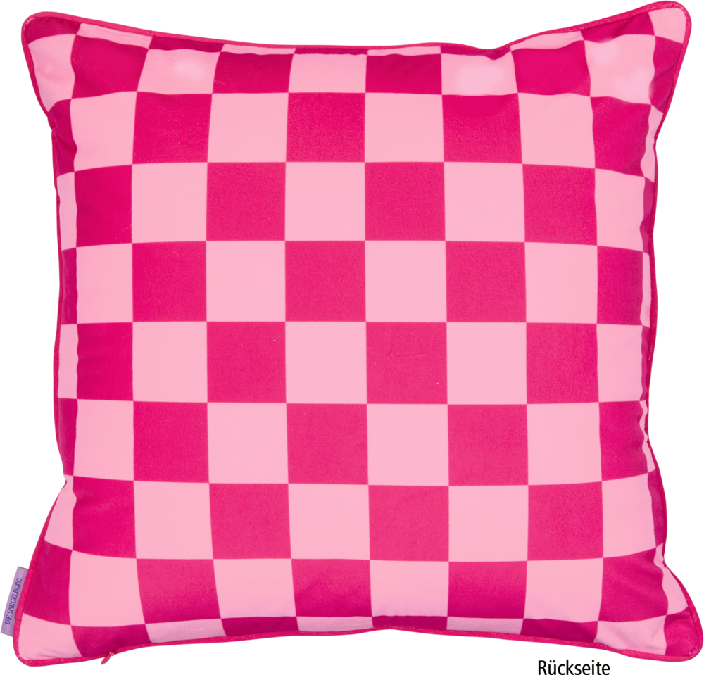 Quadratisches Kissen mit einem leuchtend rosa und hellrosa Schachbrettmuster.