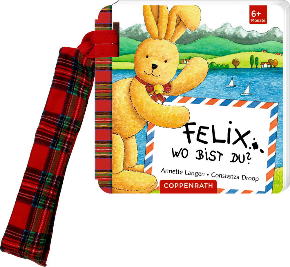Buggybuch: Felix, wo bist du?  Kinderbucheinband mit einem Plüschhase und dem Titel „Felix, wo bist du?“, rotkarierte Lasche angenäht.