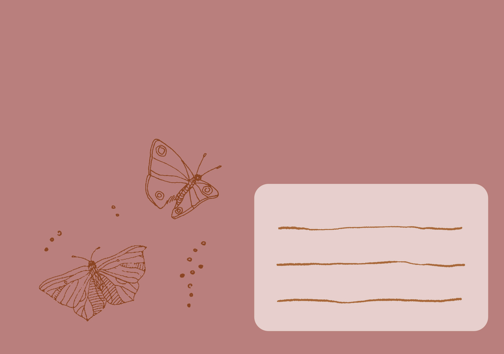 Briefumschlag: Zwei skizzierte Schmetterlinge und ein liniertes Rechteck auf einem gedämpften rosa Hintergrund.