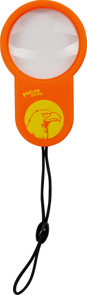 Oranges Vergrößerungsglas mit Adlergrafik und schwarzer Handschlaufe.