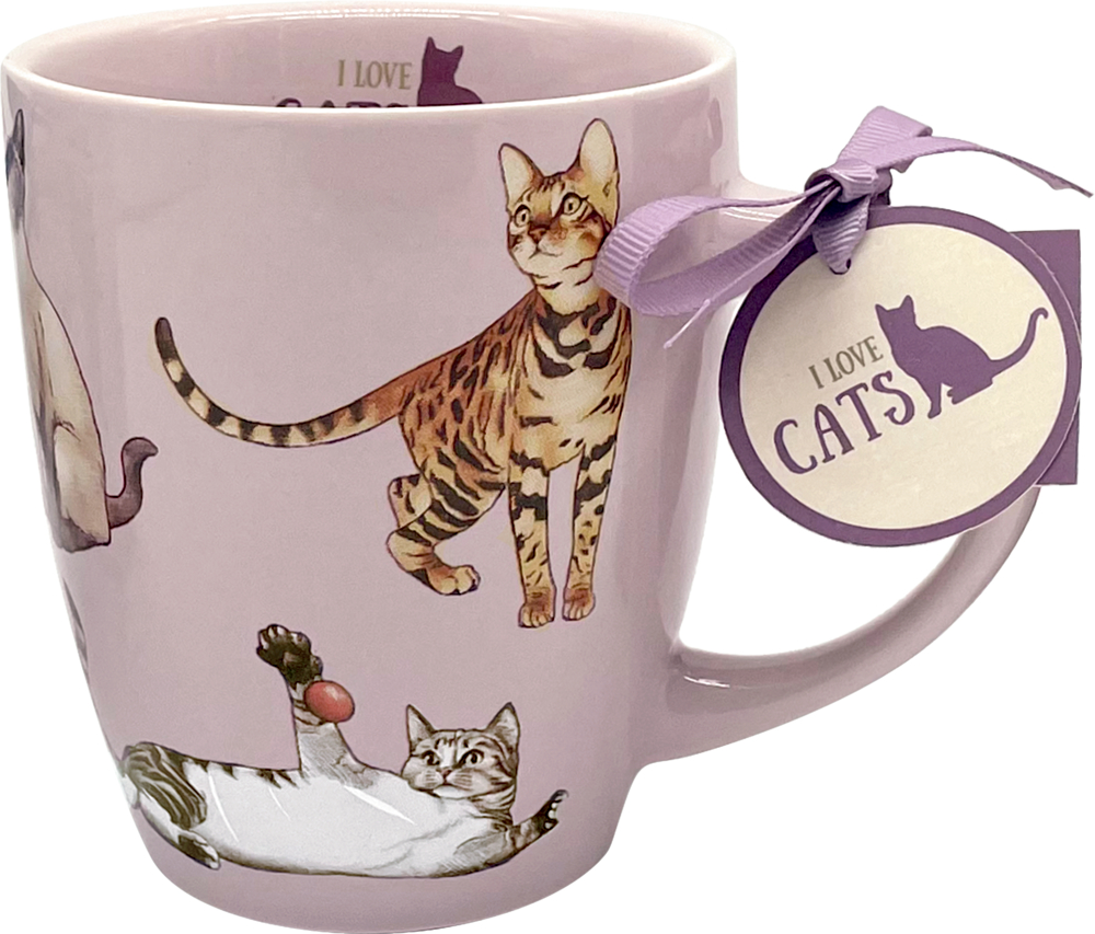 Porzellan-Tasse Katzen - I love cats & dogs Rosa Tasse mit Katzenmotiven und Anhänger „I LOVE CATS“, befestigt am Henkel mit lila Schleife.