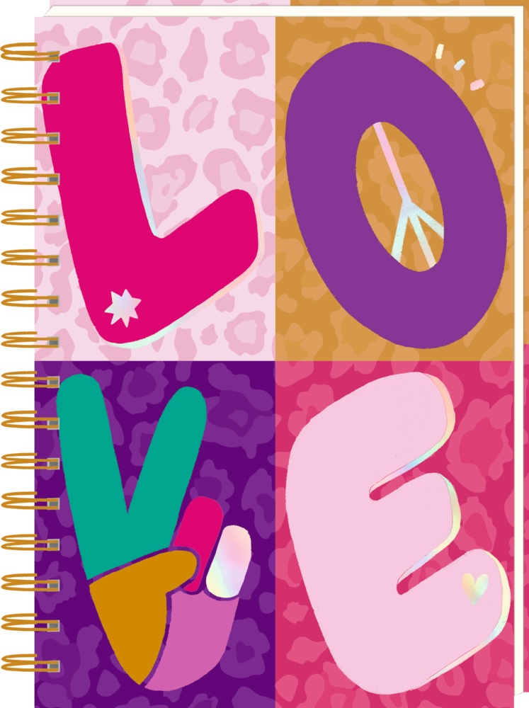 Ein farbenfroher Notizbuchumschlag mit großem „LOVE“-Schriftzug verwendet ein Peace-Zeichen als „V“.
