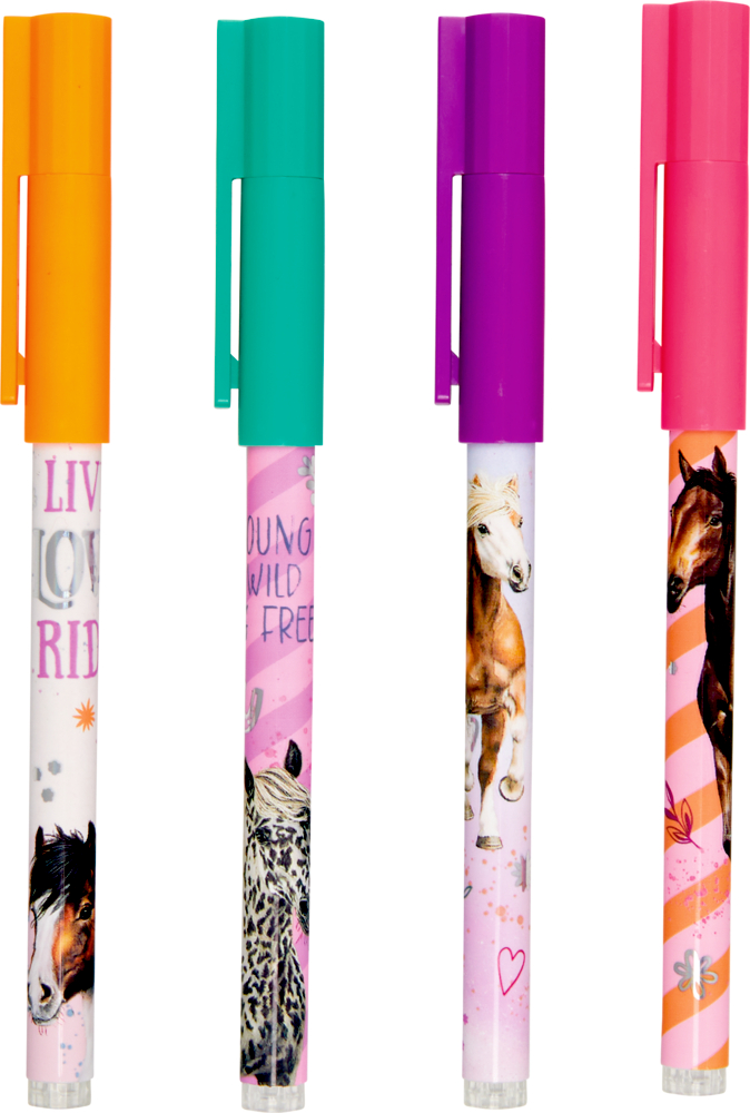 Vier Stifte mit Pferdemotiven, inspirierenden Sprüchen und Kappen in verschiedenen Farben.