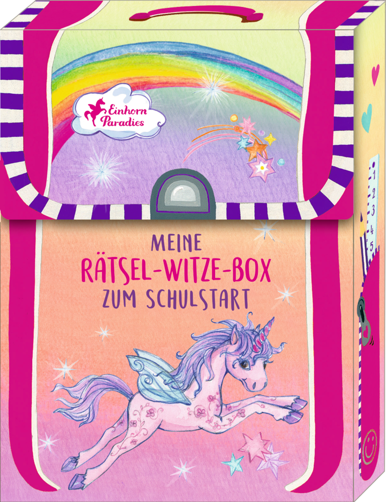Bunte Box mit fliegendem Einhorn, Regenbogen und dem Text Meine Rätsel-Witze-Box zum Schulstart.