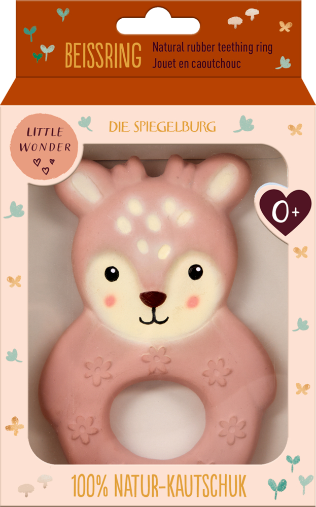 Rosa Beißring in Rehform für Babys in liebevoll gestalteter Verpackung mit Sichtfenster.