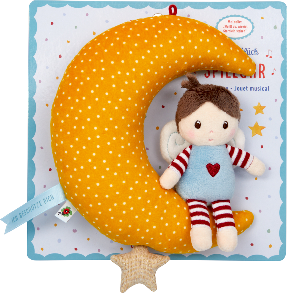 Stoffpüppchen auf einer Stoffmondsichel auf hellblauer Trägerkarte.