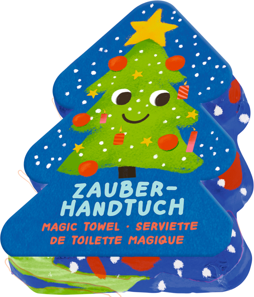 Baumförmig verpacktes Zauberhandtuch mit lachendem Weihnachtsbaum, Sternspitze und bunten Kugeln auf blauem Hintergrund.