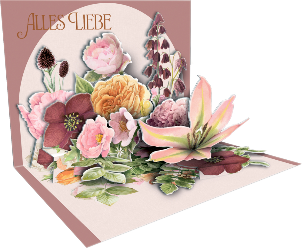 Pop-Up-Karte mit bunten Blumen und „Alles Liebe“ in Gold oben links.