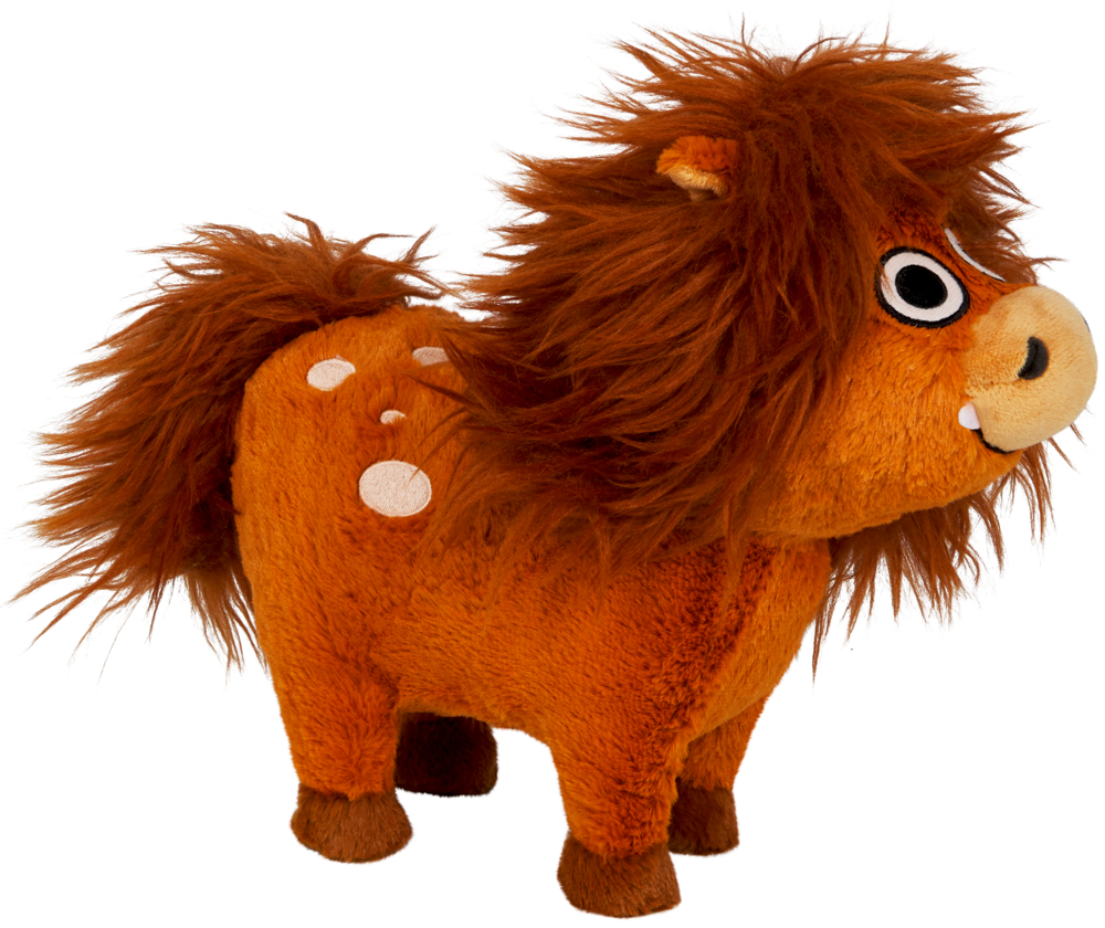 Plüschfigur eines braunen, runden Pferdes mit großen Augen, flauschiger Mähne und Schweif sowie weißen Flecken auf dem Rücken.