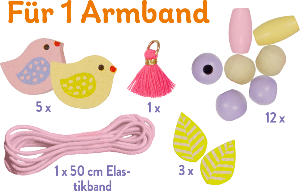 "Perlen, Vogelformen, Quaste, Gummiband und Blattausschnitte liegen nebeneinander. Dazu der Text ""Für ein Armband""."