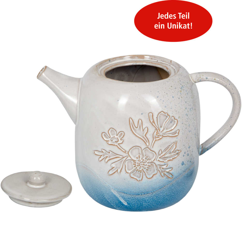 Blaue Keramik-Teekanne mit Blumenmuster, Deckel abgenommen; rote Blase: „Jedes Teil ein Unikat!“.