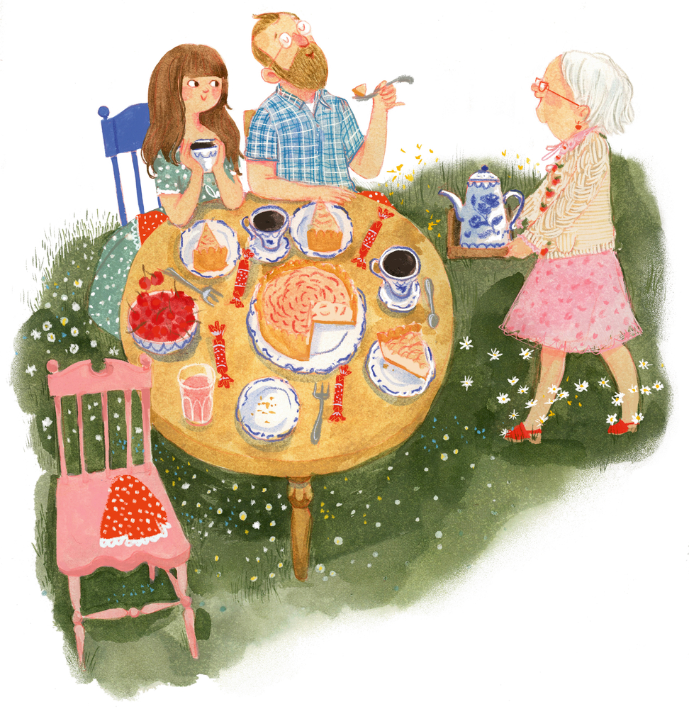 Drei Personen teilen sich Tee und Nachtisch an einem mit Kuchen, Torten und Tassen gefüllten Tisch im Freien.